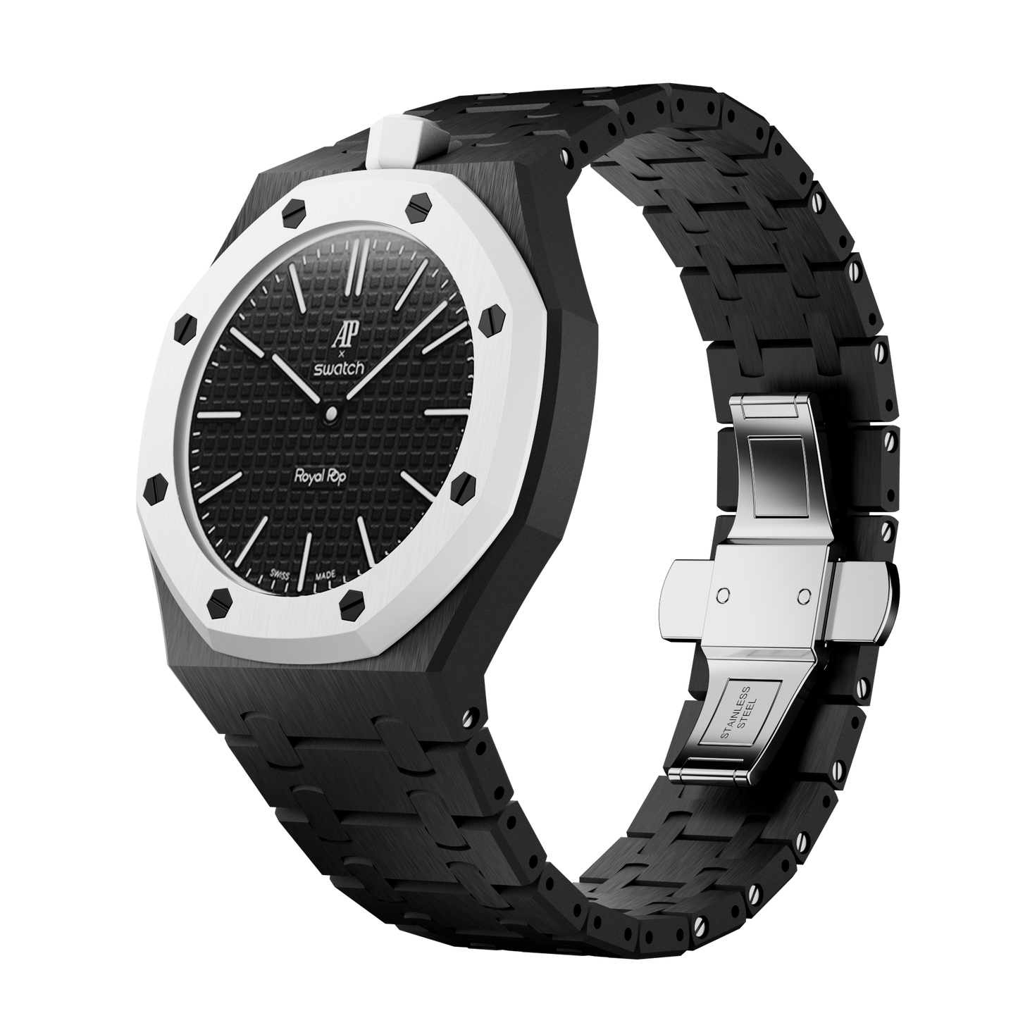 Graphite Noir Bio-Ceramic wrist adapter AP × Swatch Royal Pop — black white screws — 296 pieces