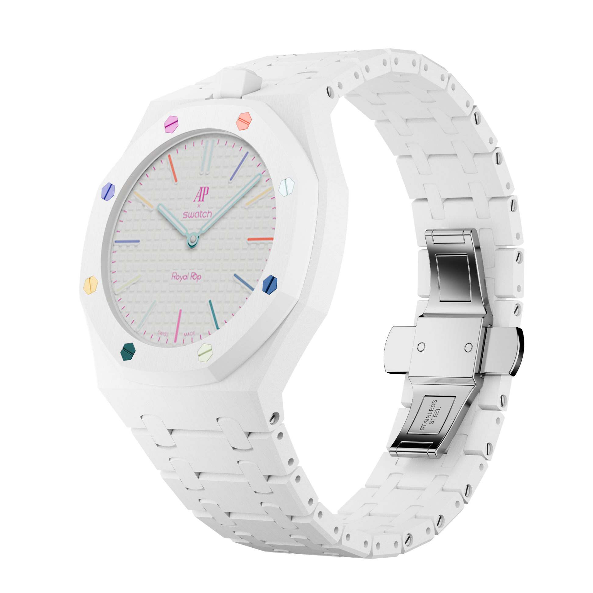 Arctic White Bio-Ceramic wrist adapter AP × Swatch Royal Pop — white multicolor screws — 296 pieces