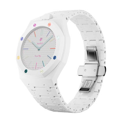 Arctic White Bio-Ceramic wrist adapter AP × Swatch Royal Pop — white multicolor screws — 296 pieces