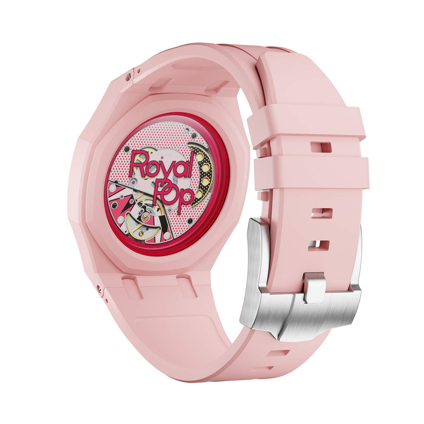 Rosa Roja silicon watch strap wrist adapter pink colorway caseback view