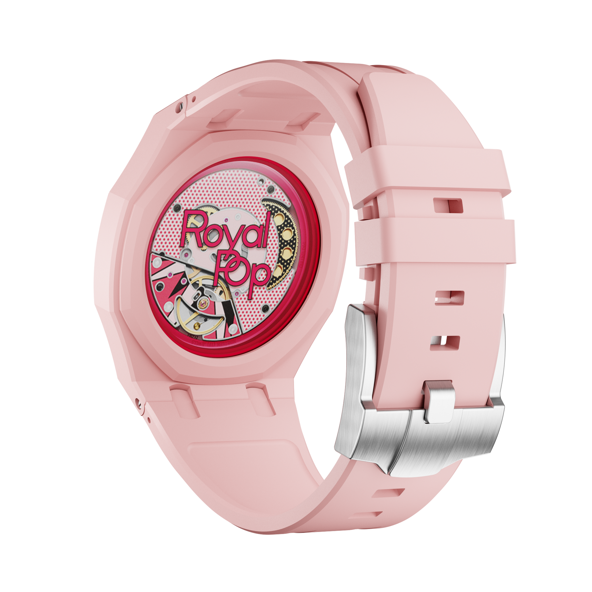 Rosa Roja silicon watch strap wrist adapter pink colorway caseback view