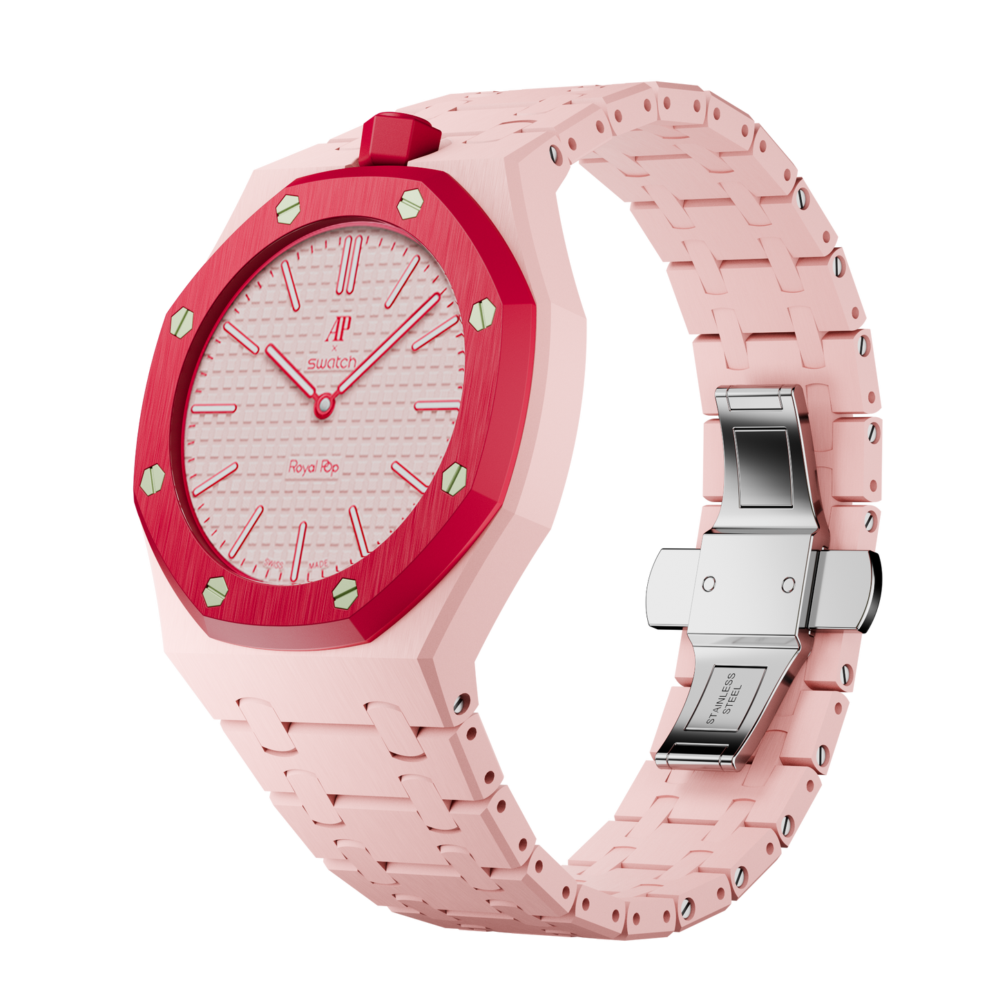 Rosa Roja Bio-Ceramic wrist adapter AP × Swatch Royal Pop — pink red screws — 296 pieces