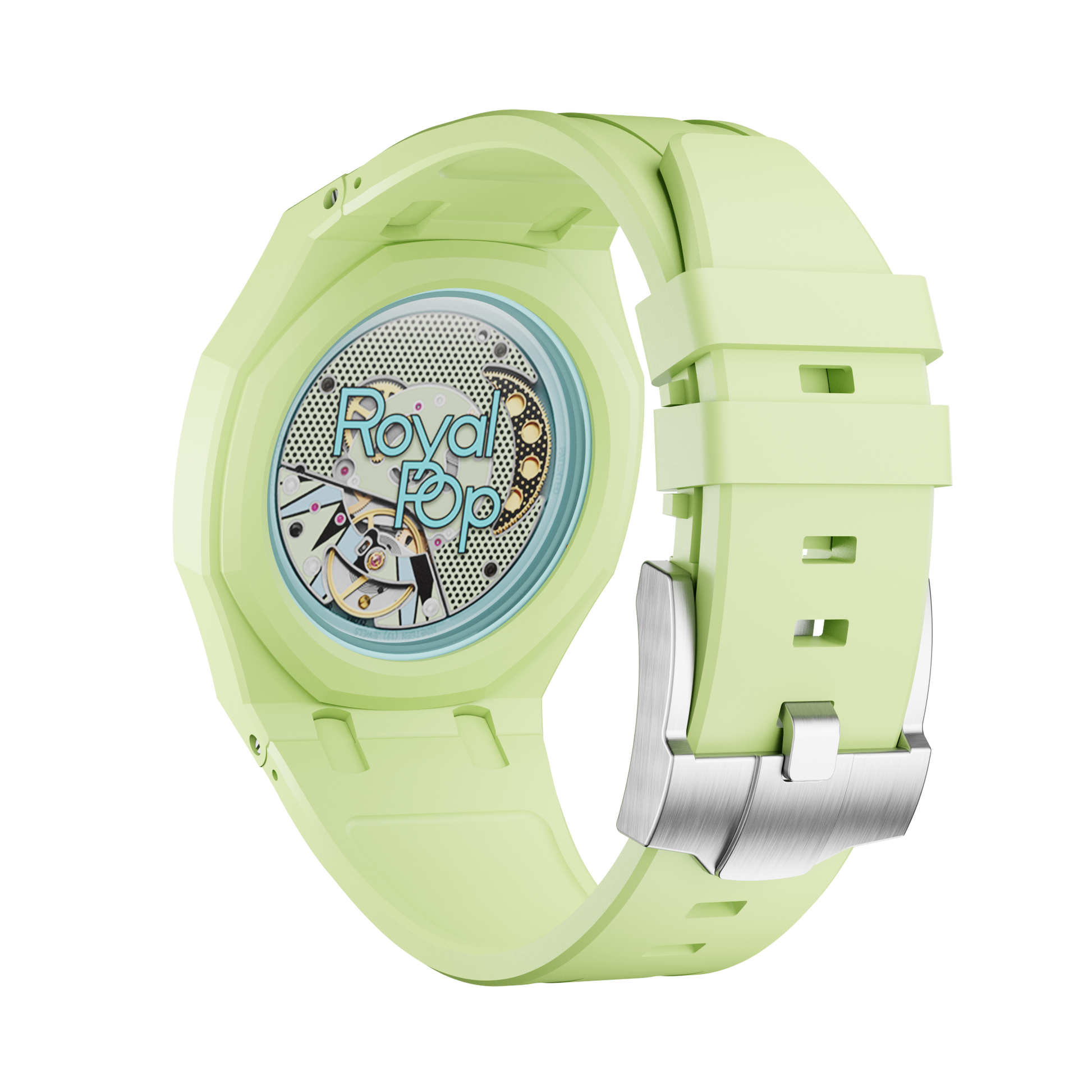 Vert Citron silicon watch strap wrist adapter light green colorway caseback view