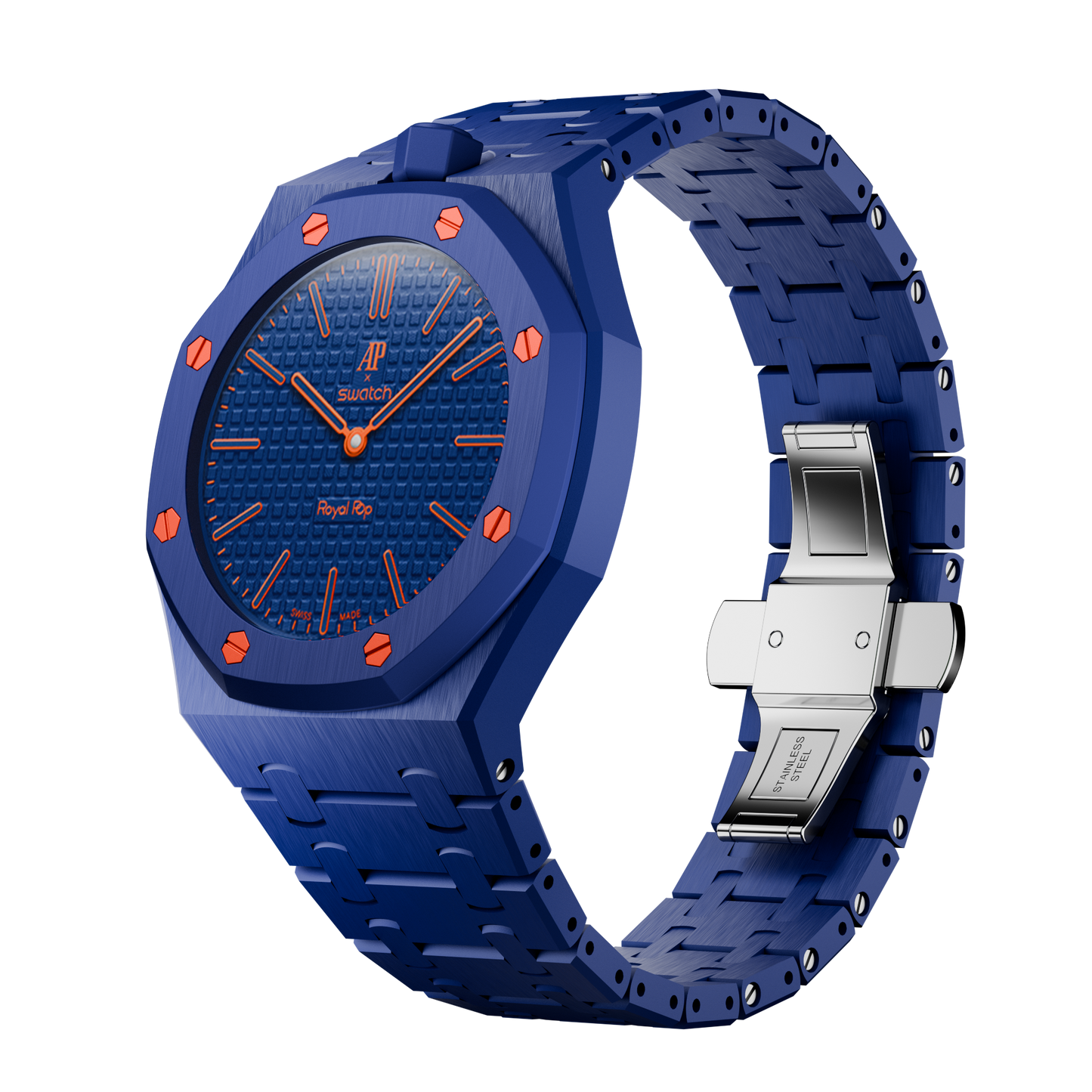 Midnight Navy Bio-Ceramic wrist adapter AP × Swatch Royal Pop — navy orange screws — 296 pieces