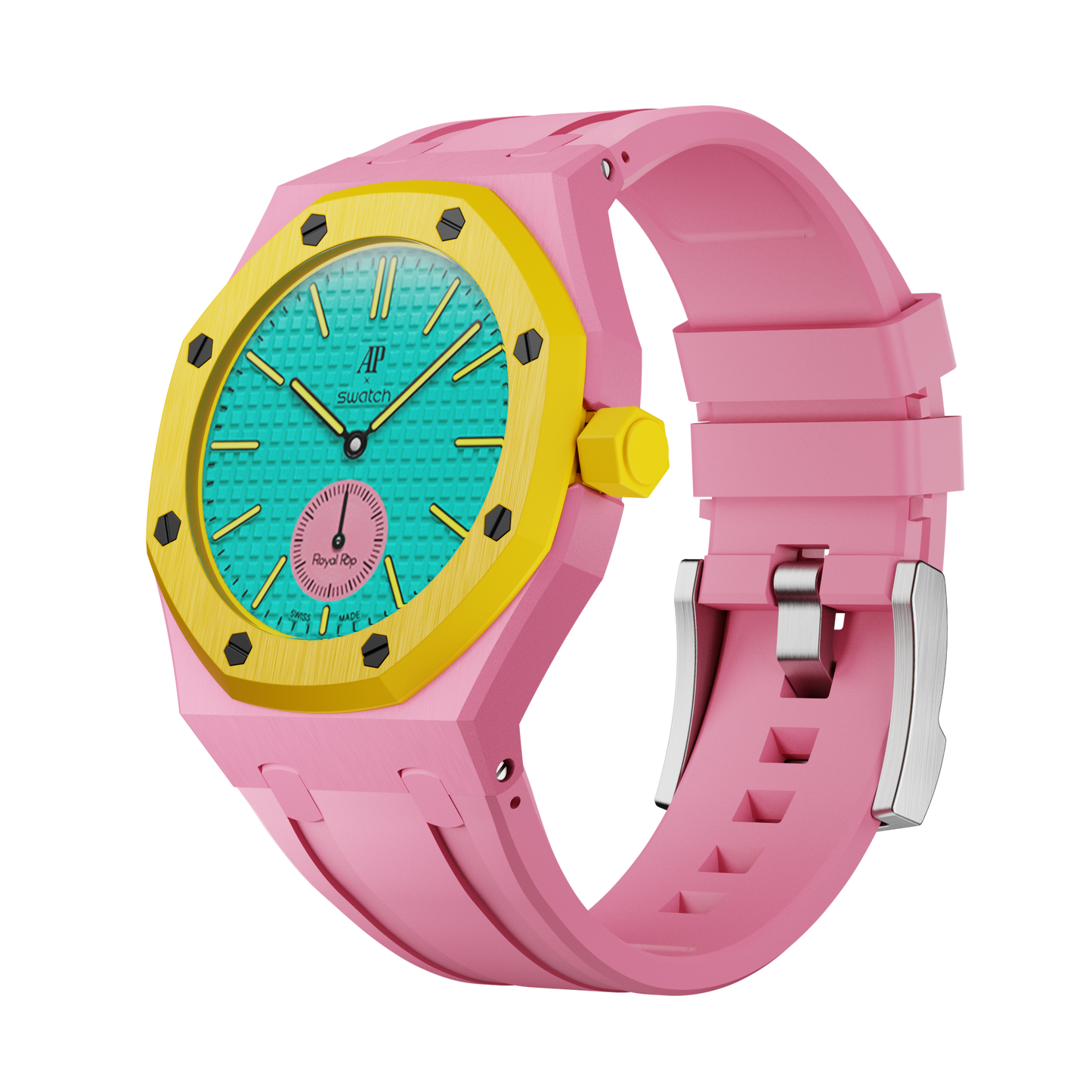 OTG Roz silicon watch strap wrist adapter pink yellow colorway front view