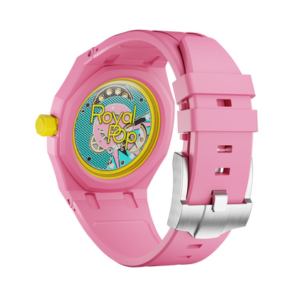 OTG Roz silicon watch strap wrist adapter pink yellow colorway caseback view