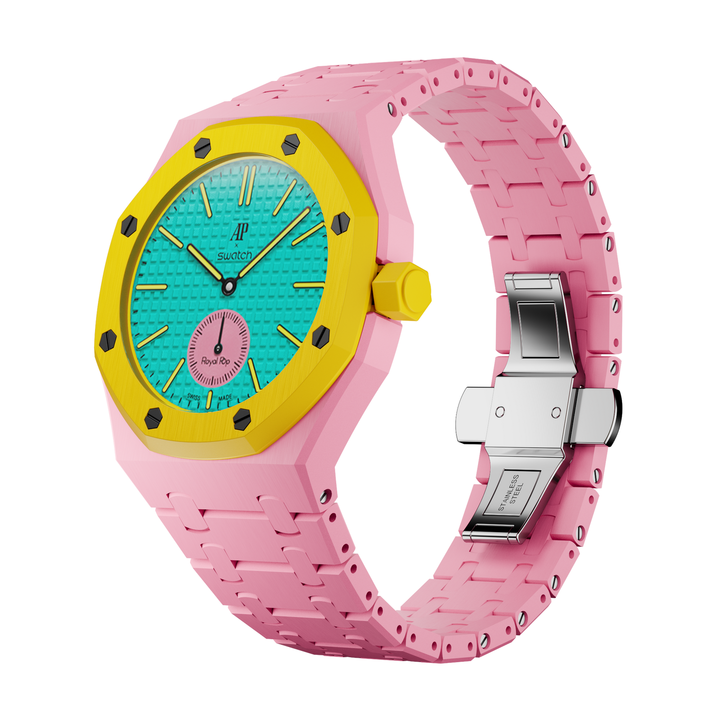 OTG Roz Bio-Ceramic wrist adapter AP × Swatch Royal Pop — pink yellow teal — 296 pieces